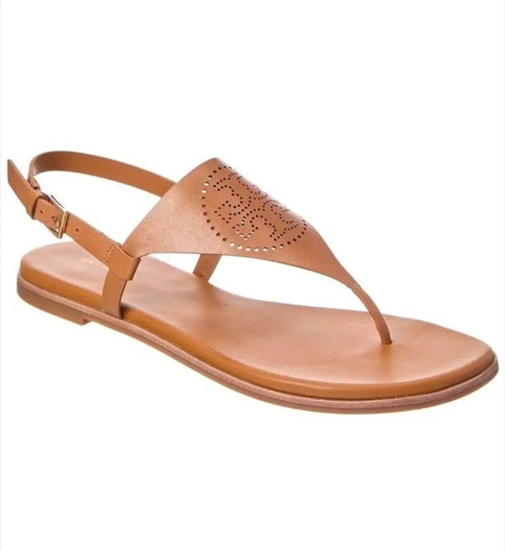 NEW Tory Burch Capri Perf Leather Thong Sandals Brown Leather US 8
